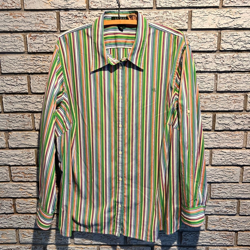Lauren Ralph Lauren Womens 2X Button Down Shirt Multi Color Stripe Long Sleeve